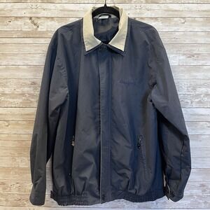 Carnival Mens L Jacket Navy‎ Blue & Tan Rain Windbreaker Full Zip & 2 Button